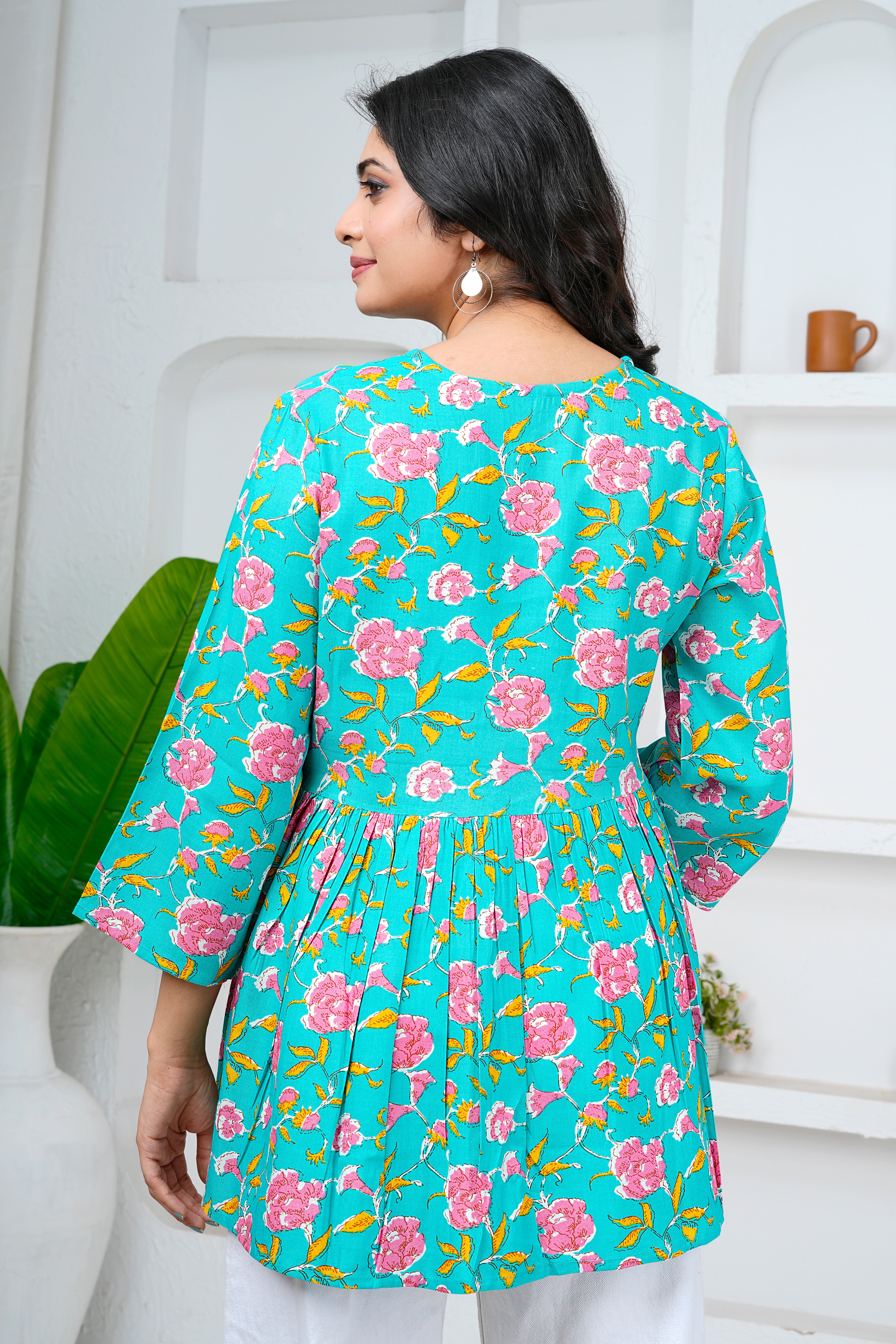 Turquoise Floral Print Cotton Short Kurti
