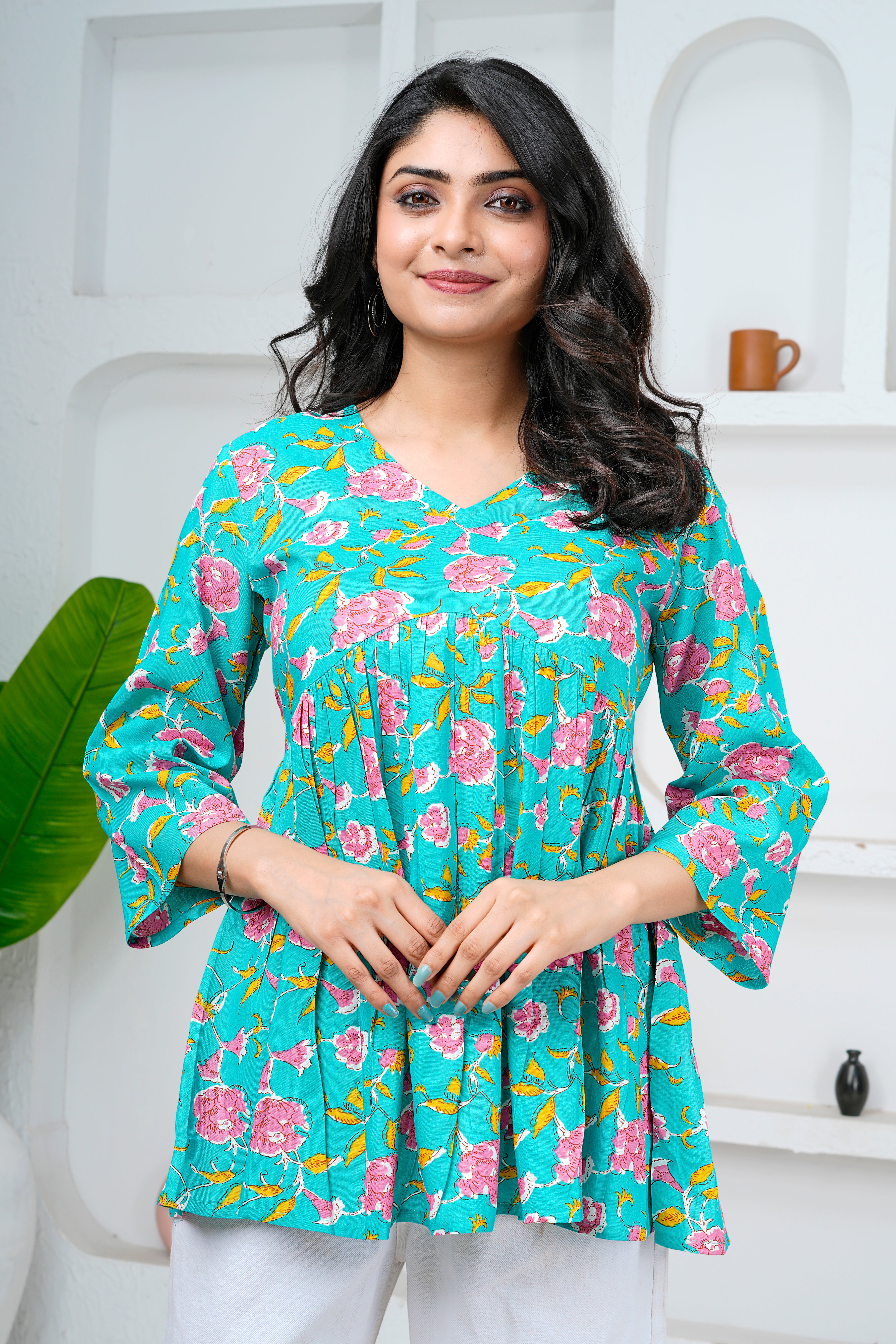 Turquoise Floral Print Cotton Short Kurti