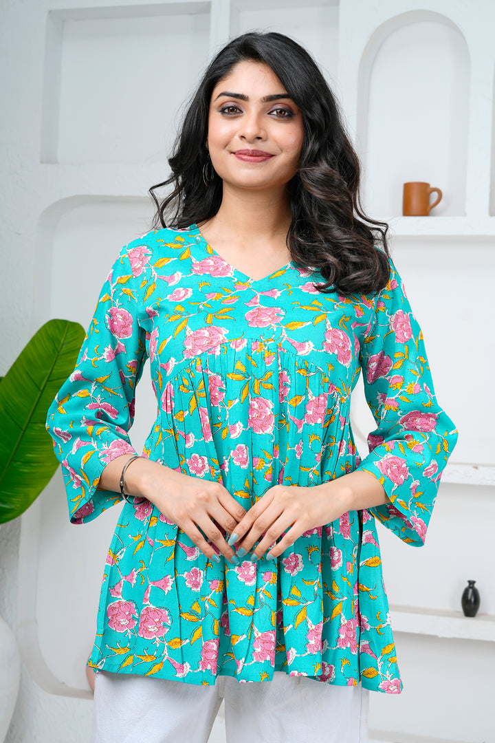 Turquoise Floral Print Cotton Short Kurti