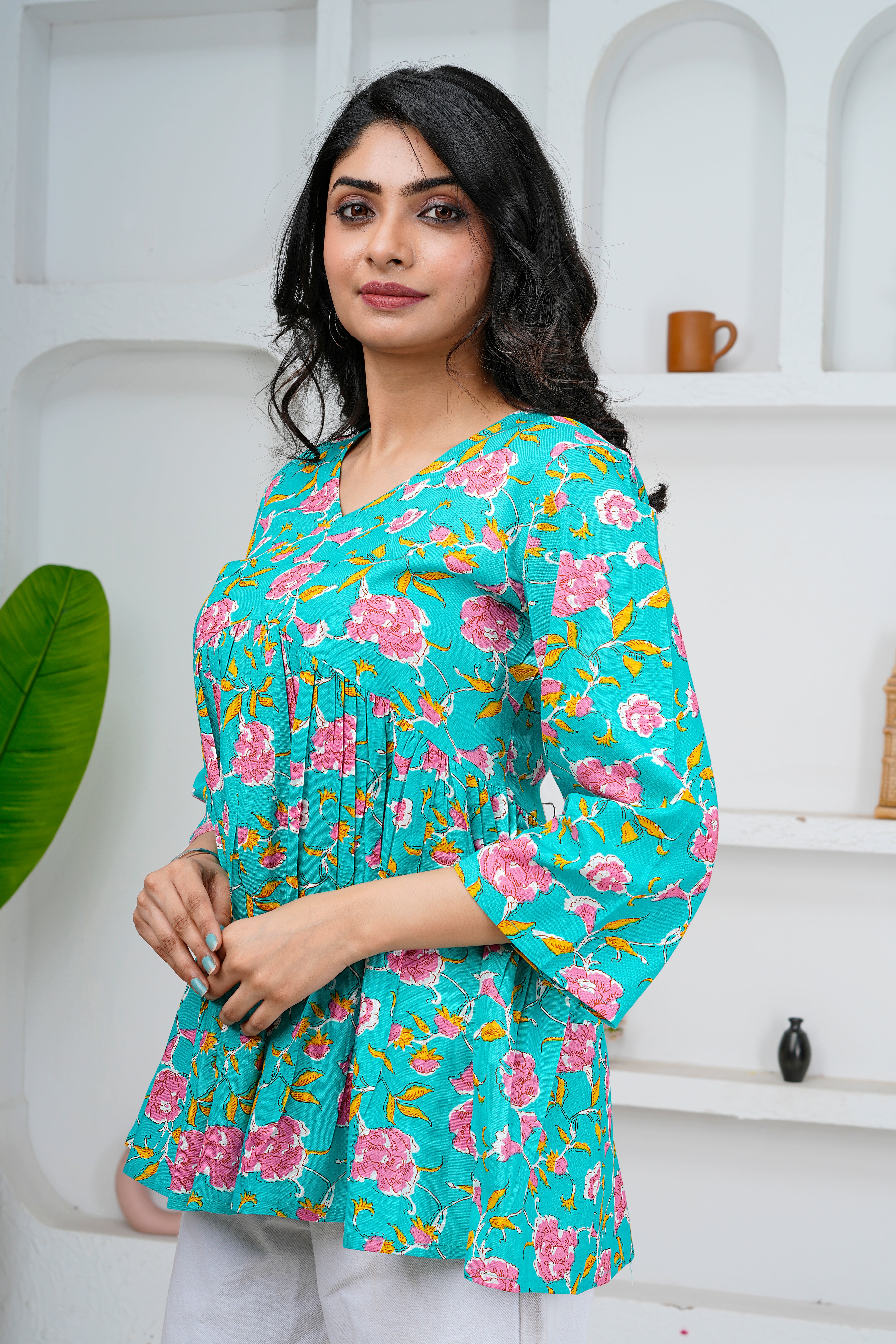 Turquoise Floral Print Cotton Short Kurti