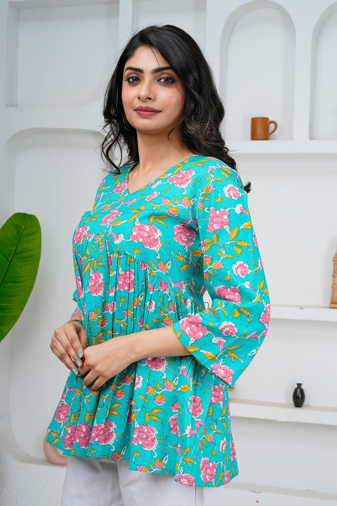 Turquoise Floral Print Cotton Short Kurti
