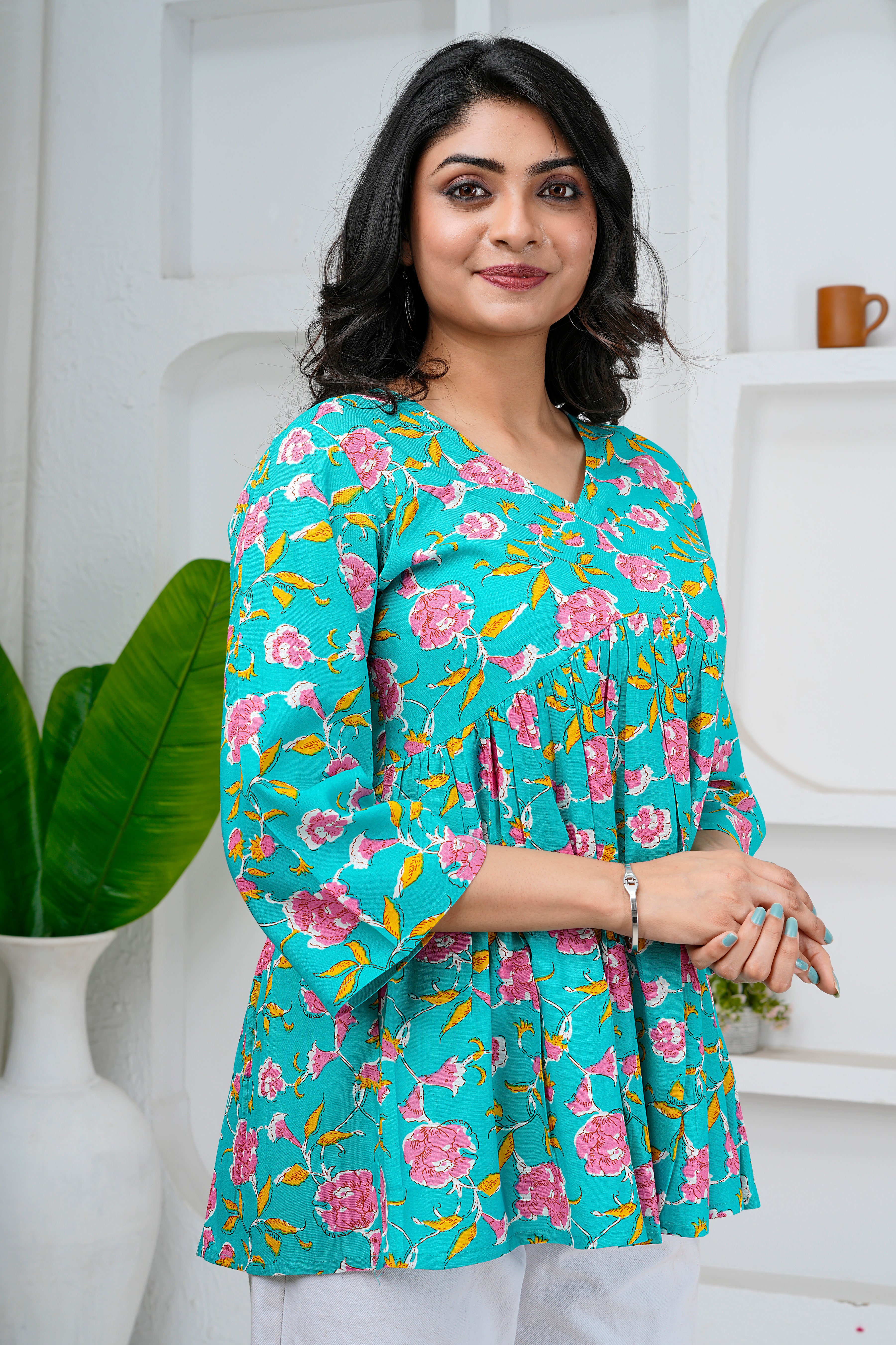 Turquoise Floral Print Cotton Short Kurti