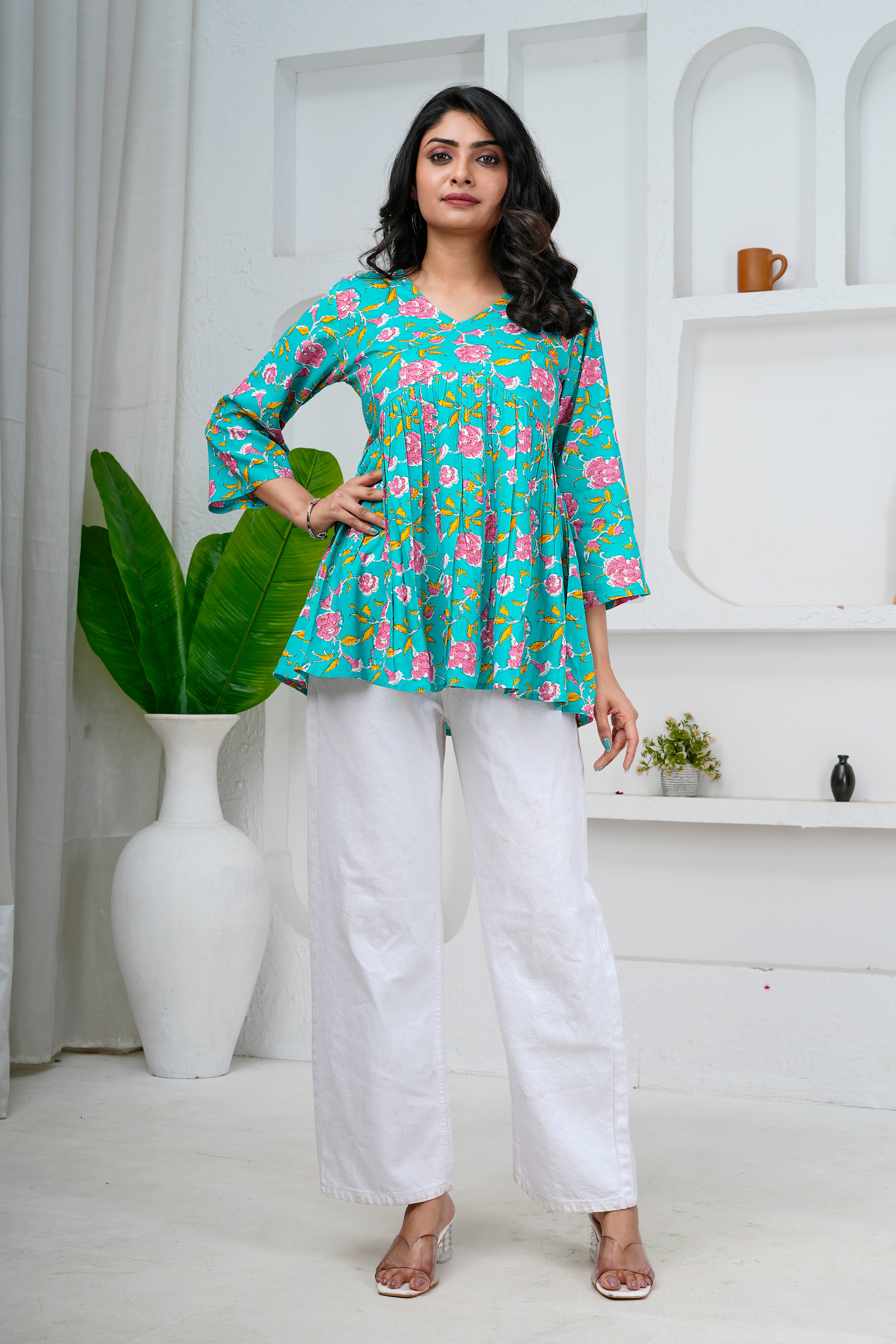 Turquoise Floral Print Cotton Short Kurti