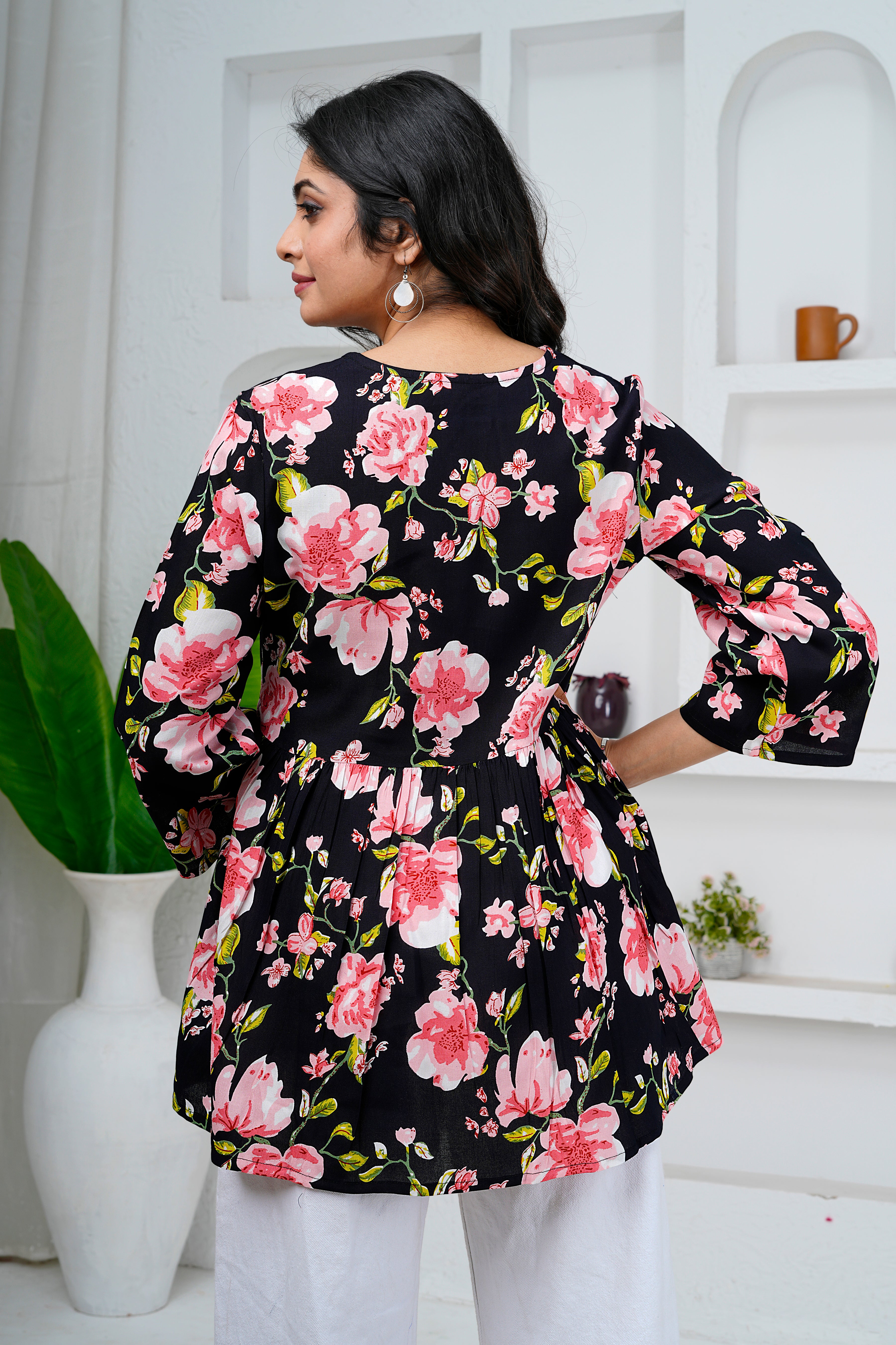 Black Floral Print Cotton Short Kurti