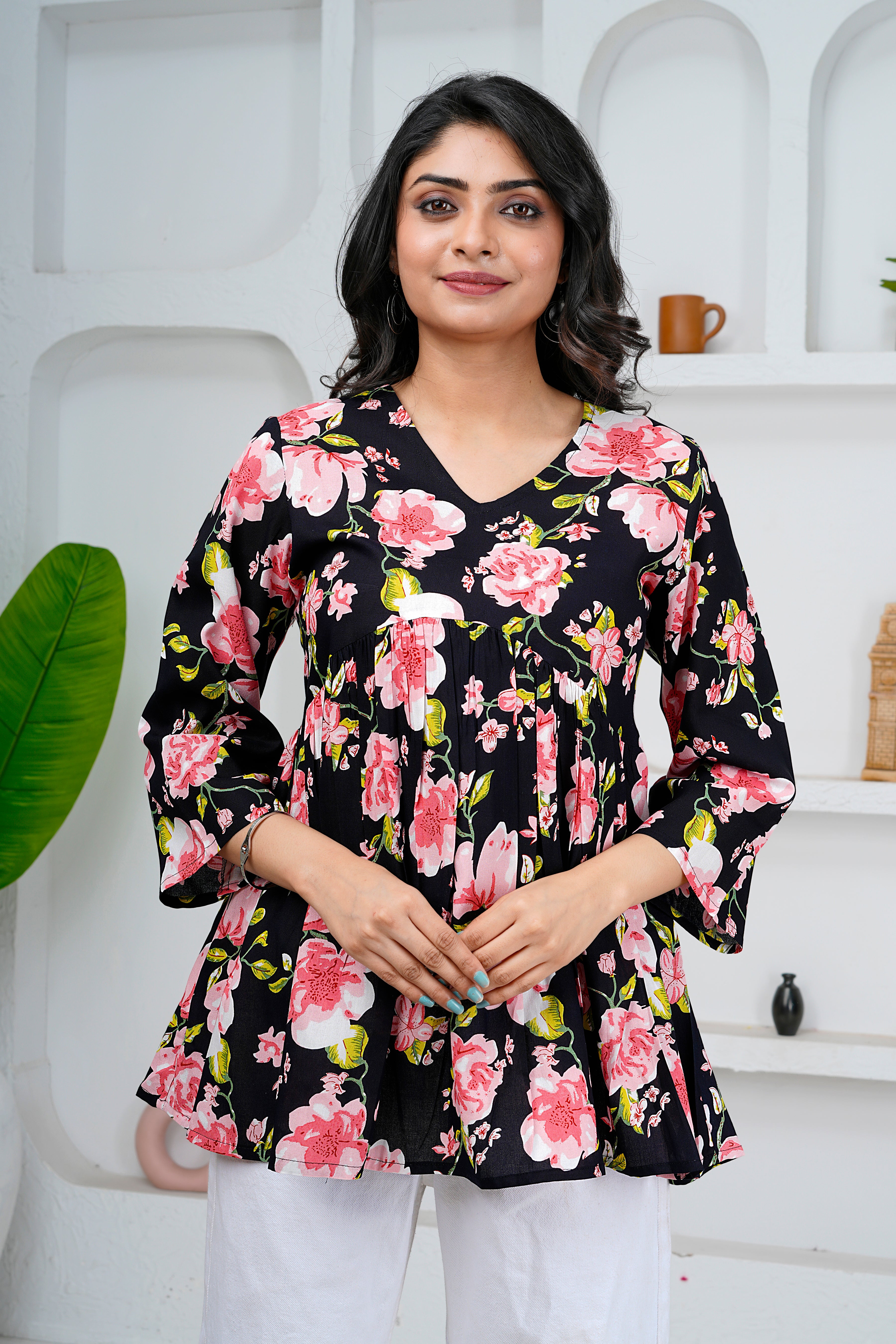 Black Floral Print Cotton Short Kurti