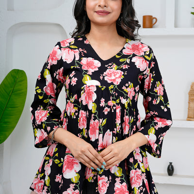 Black Floral Print Cotton Short Kurti