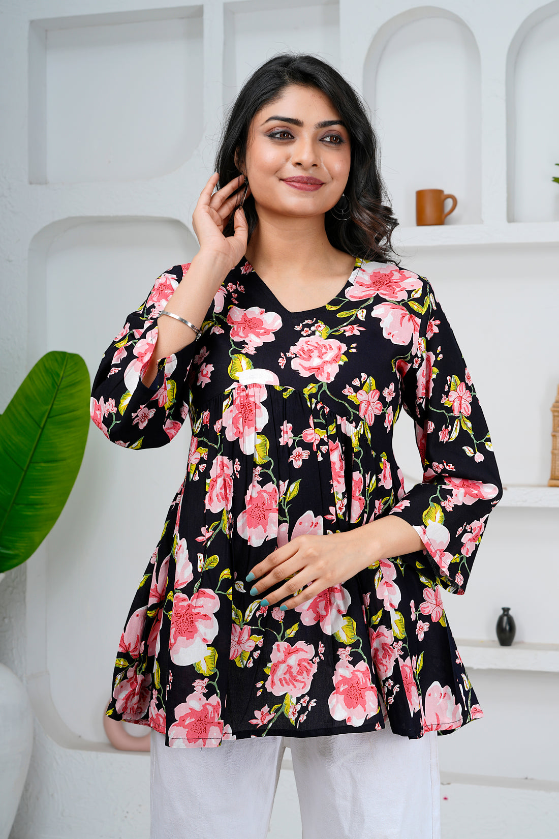 Black Floral Print Cotton Short Kurti