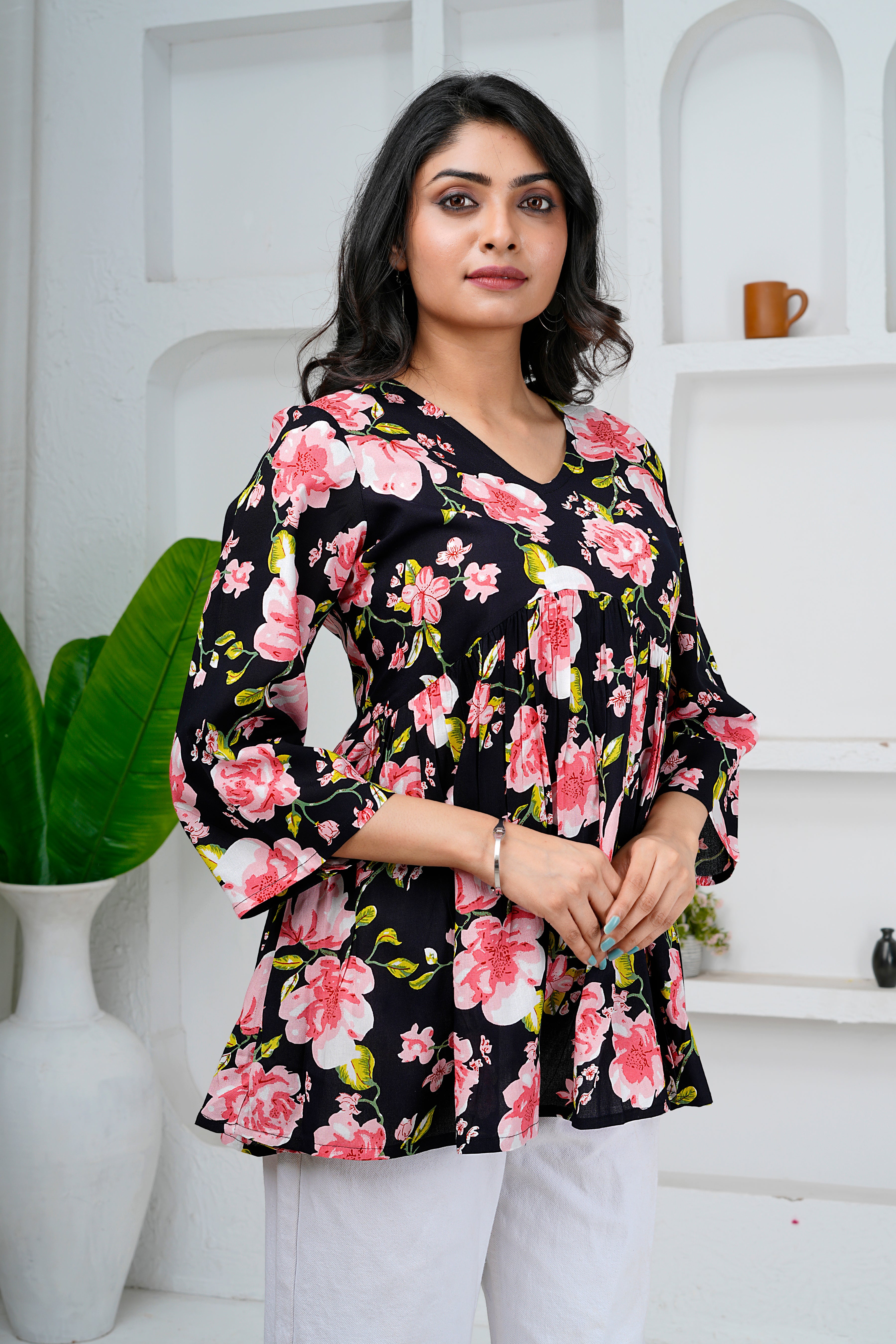Black Floral Print Cotton Short Kurti