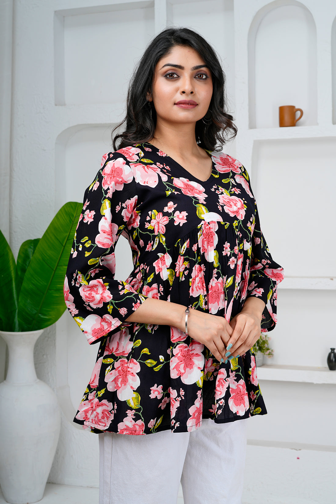 Black Floral Print Cotton Short Kurti