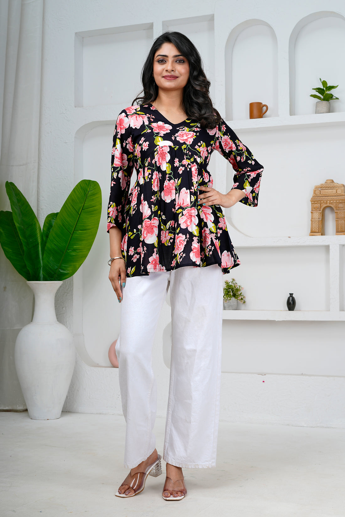 Black Floral Print Cotton Short Kurti