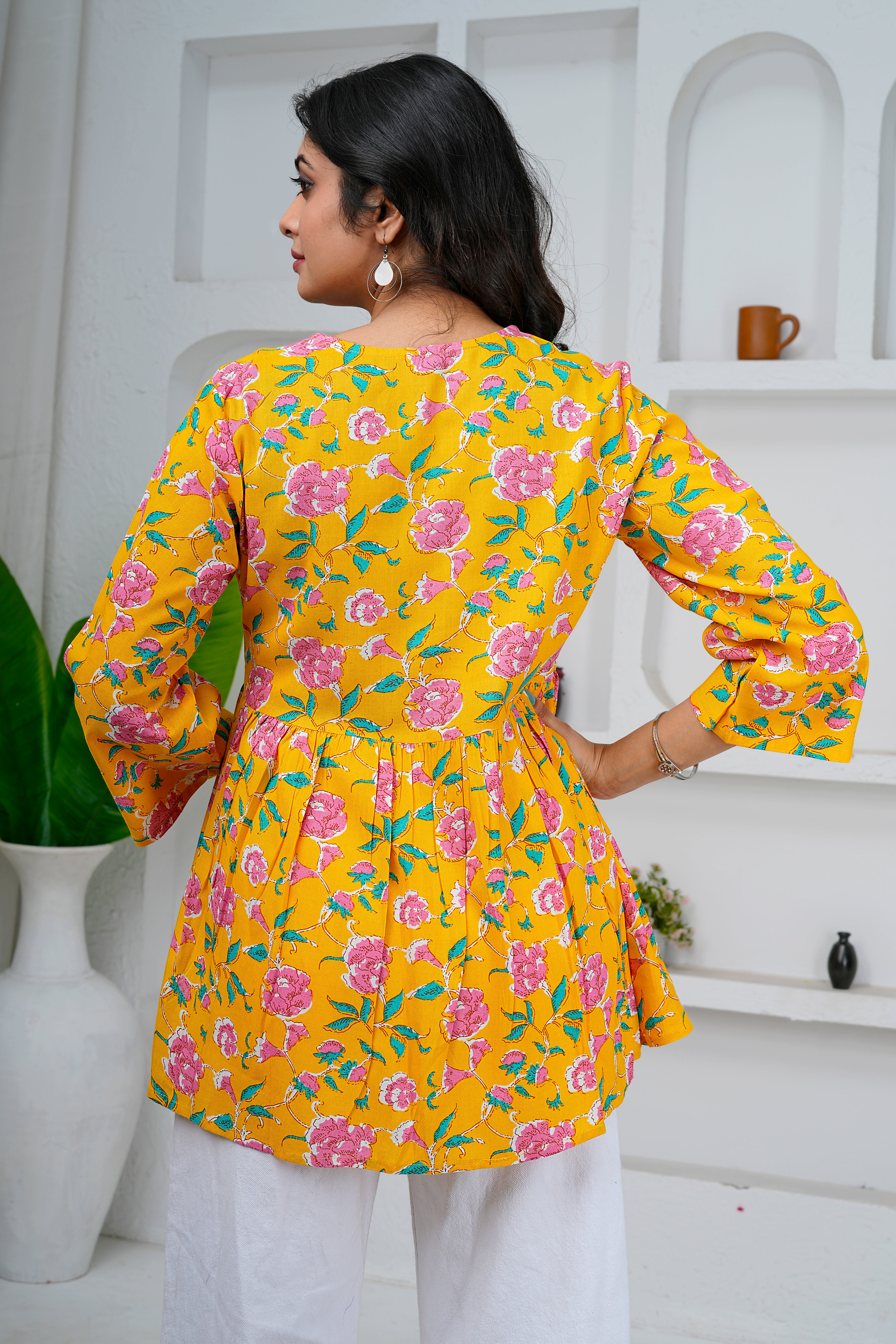 Yellow Floral Print Cotton Short Kurti