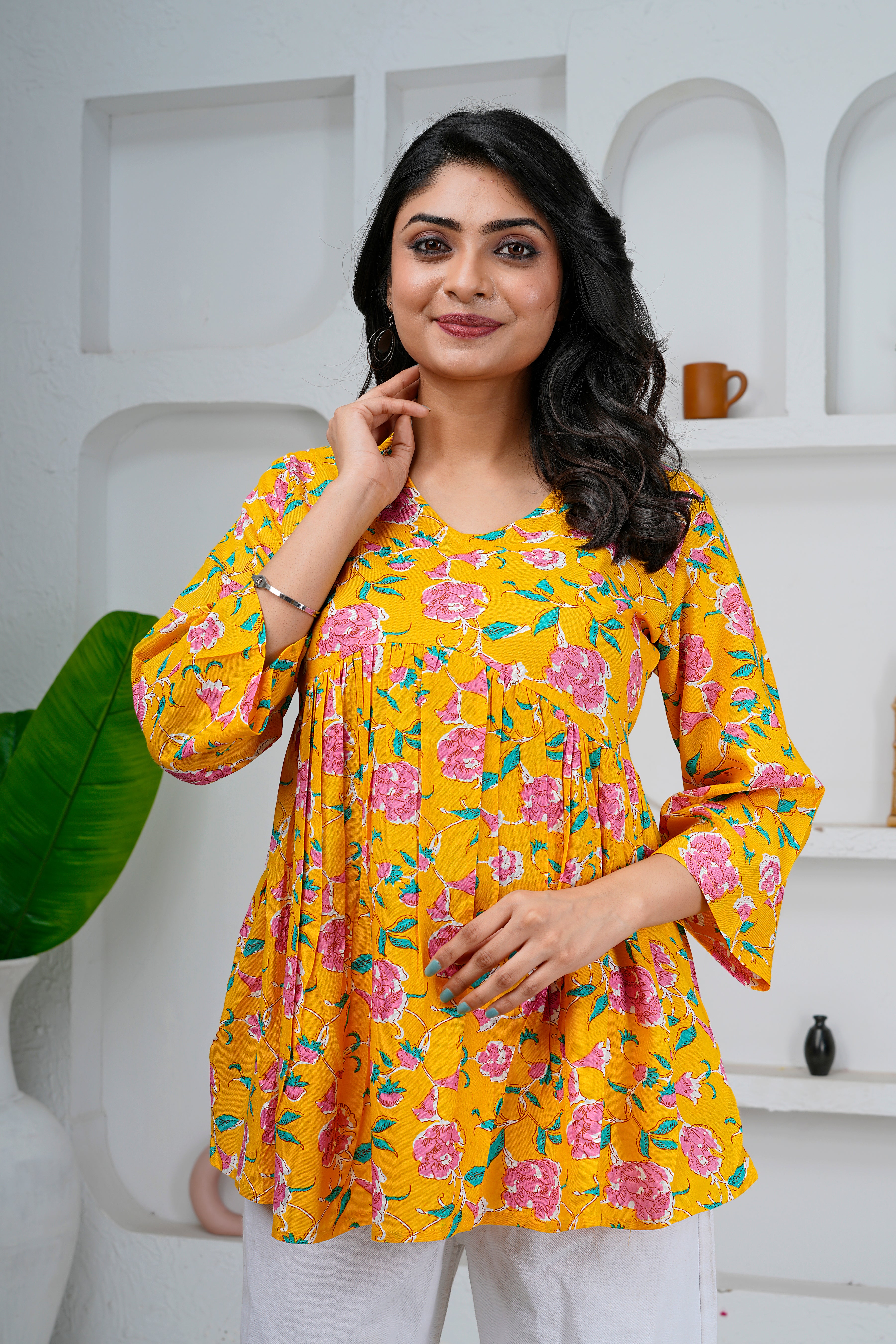 Yellow Floral Print Cotton Short Kurti