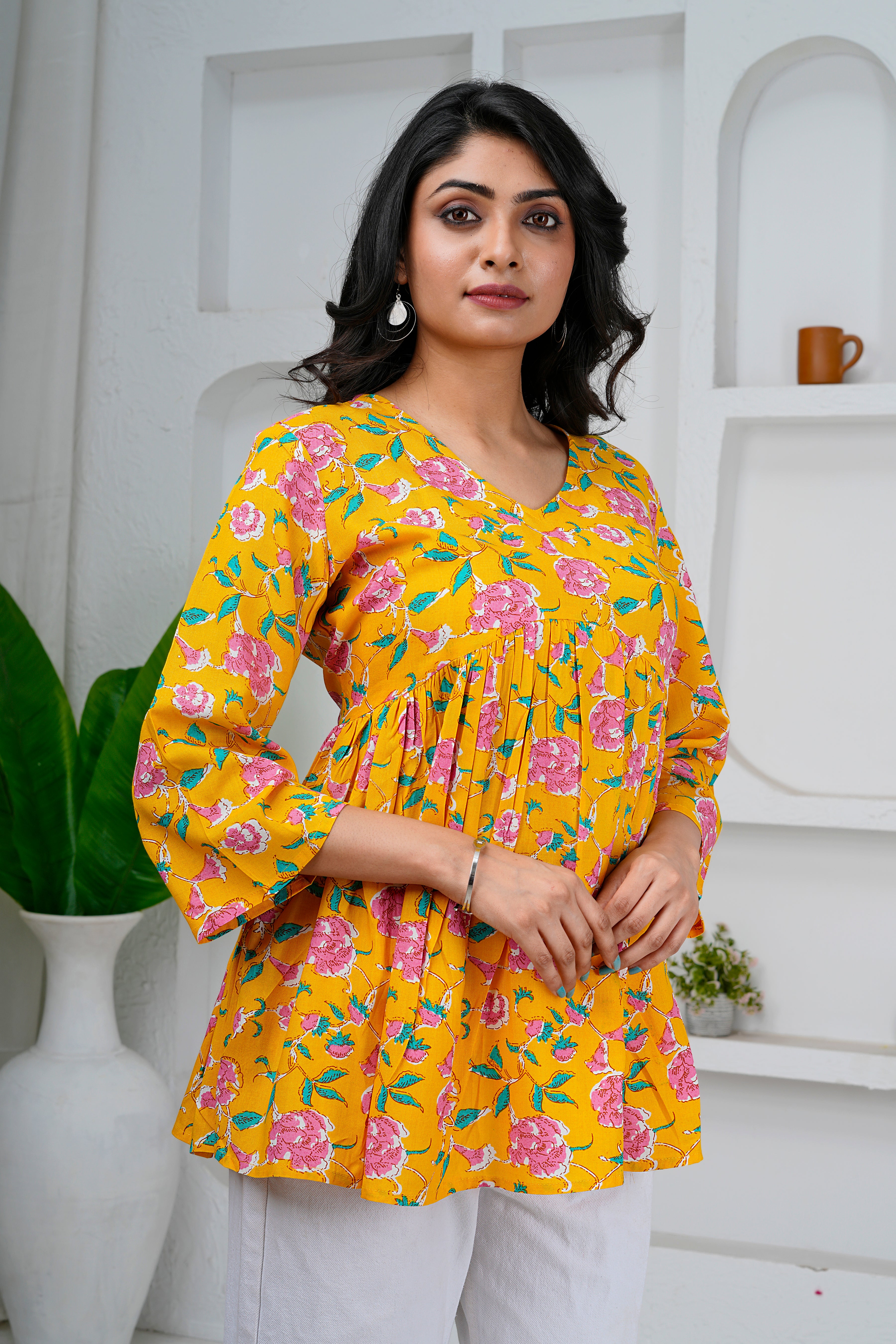 Yellow Floral Print Cotton Short Kurti