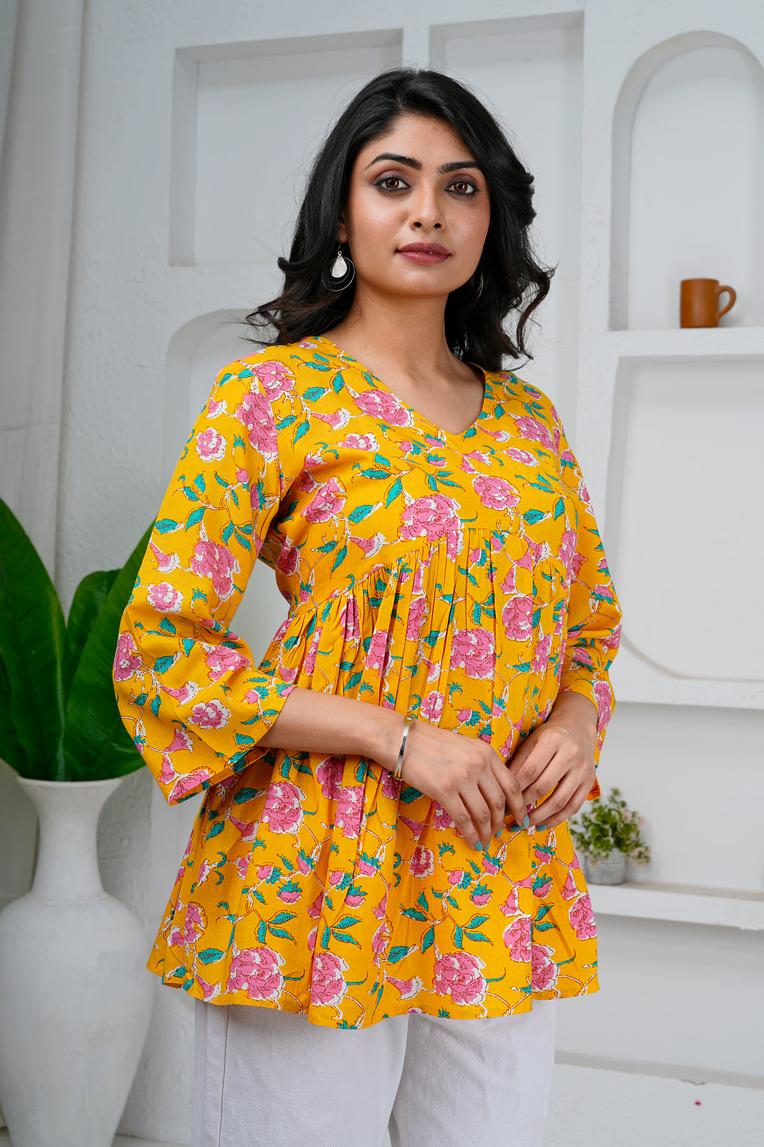 Yellow Floral Print Cotton Short Kurti