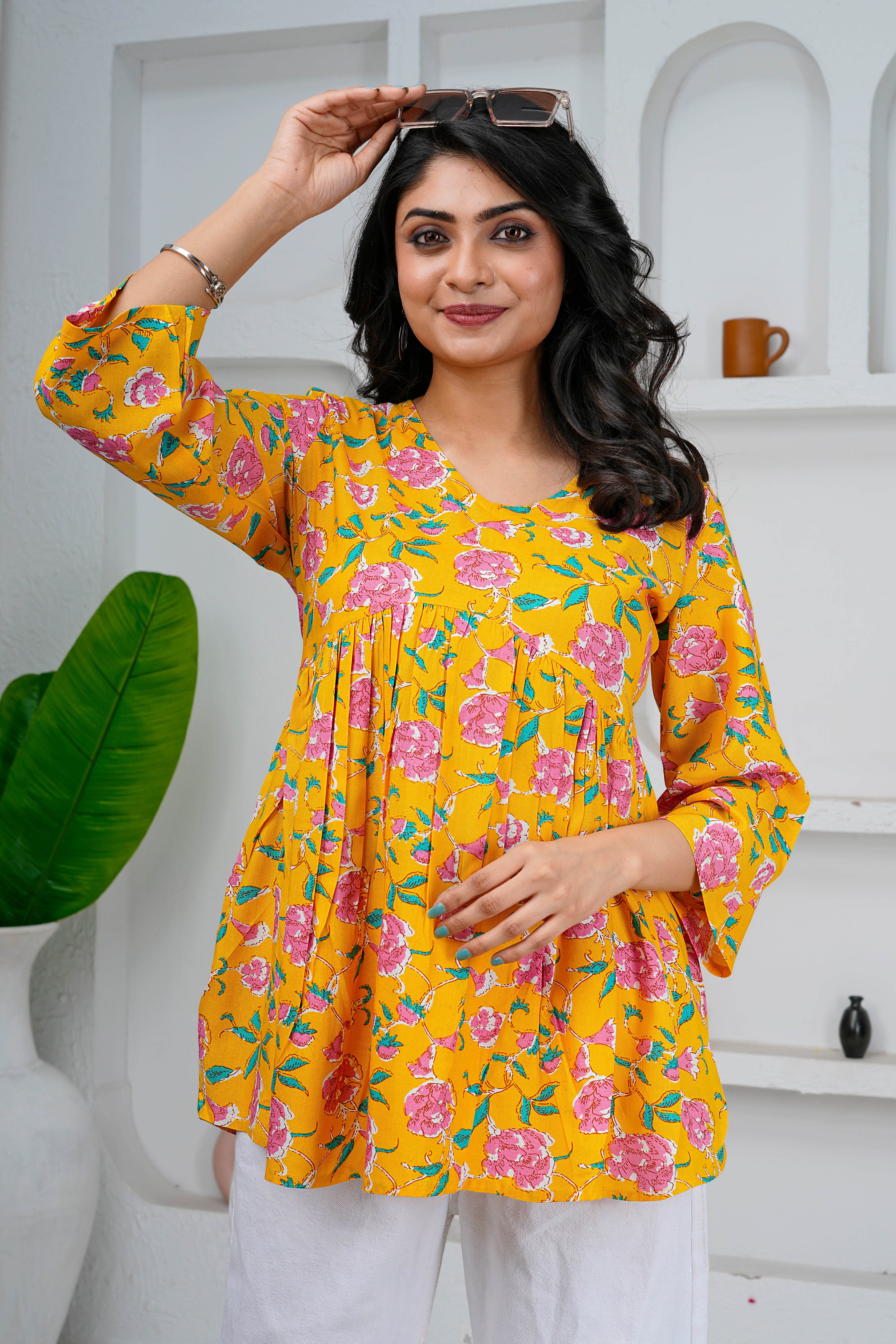 Yellow Floral Print Cotton Short Kurti