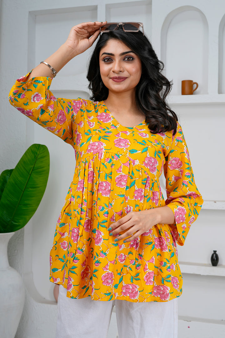 Yellow Floral Print Cotton Short Kurti