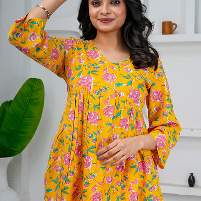 Yellow Floral Print Cotton Short Kurti