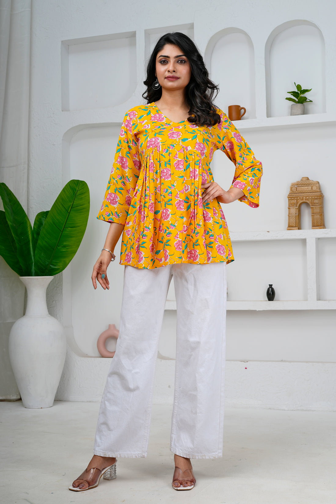 Yellow Floral Print Cotton Short Kurti