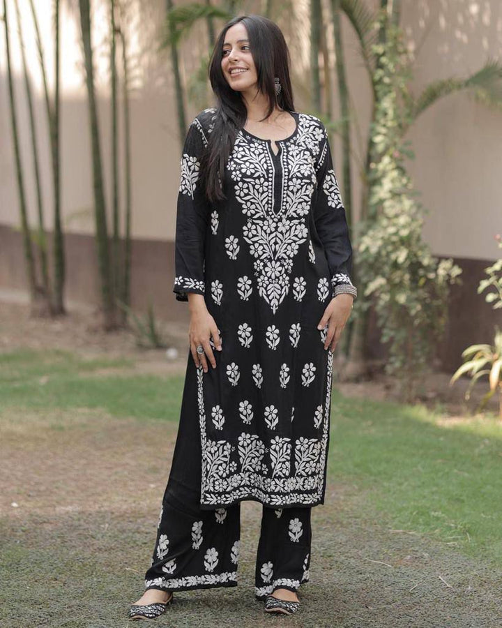 Embroidered Rayon Kurti Pant Set