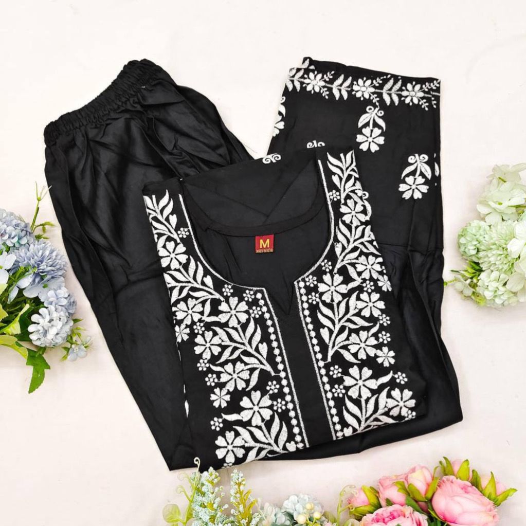Embroidered Rayon Kurti Pant Set