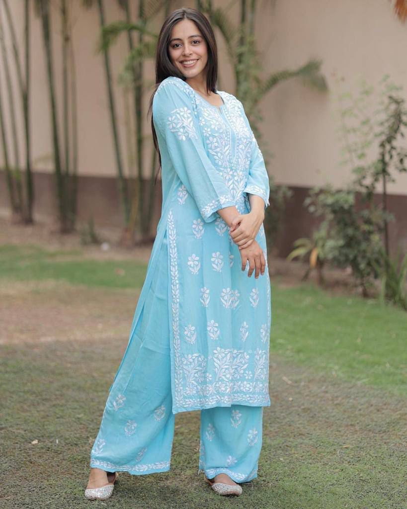 Embroidered Rayon Kurti Pant Set