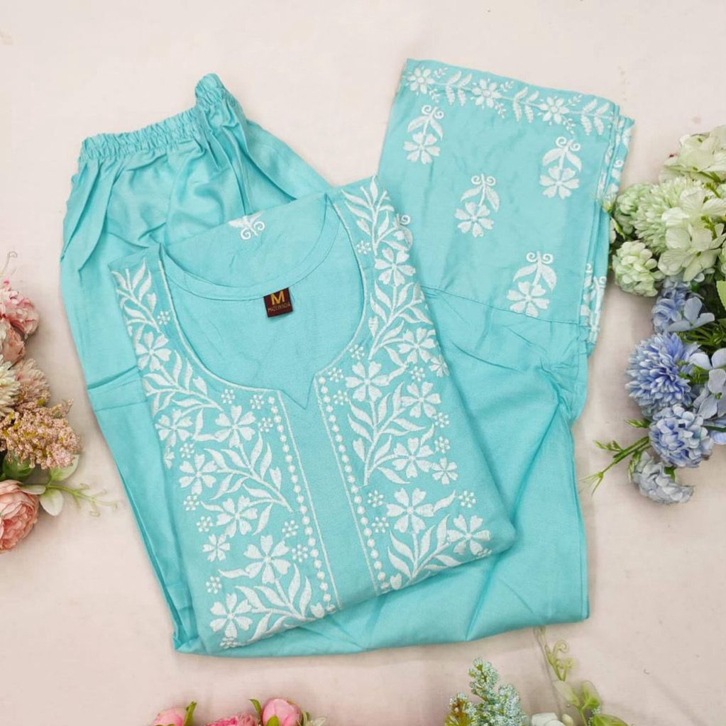 Embroidered Rayon Kurti Pant Set