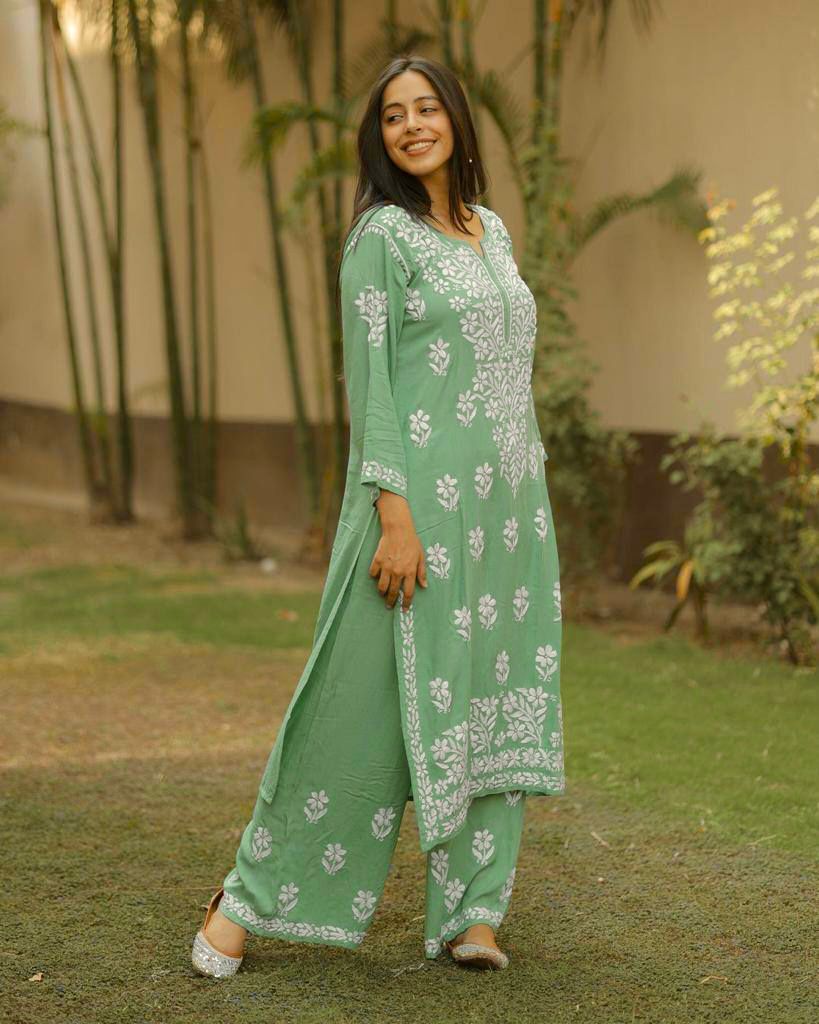 Embroidered Rayon Kurti Pant Set