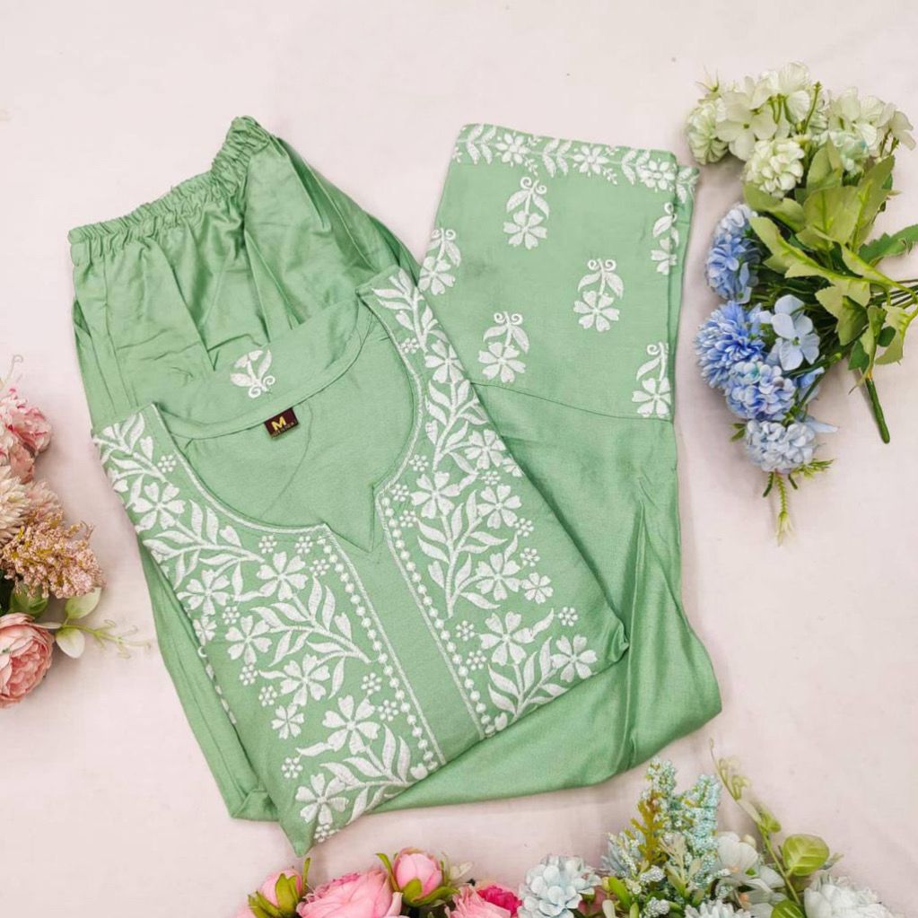 Embroidered Rayon Kurti Pant Set