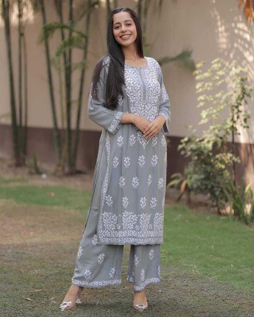 Embroidered Rayon Kurti Pant Set