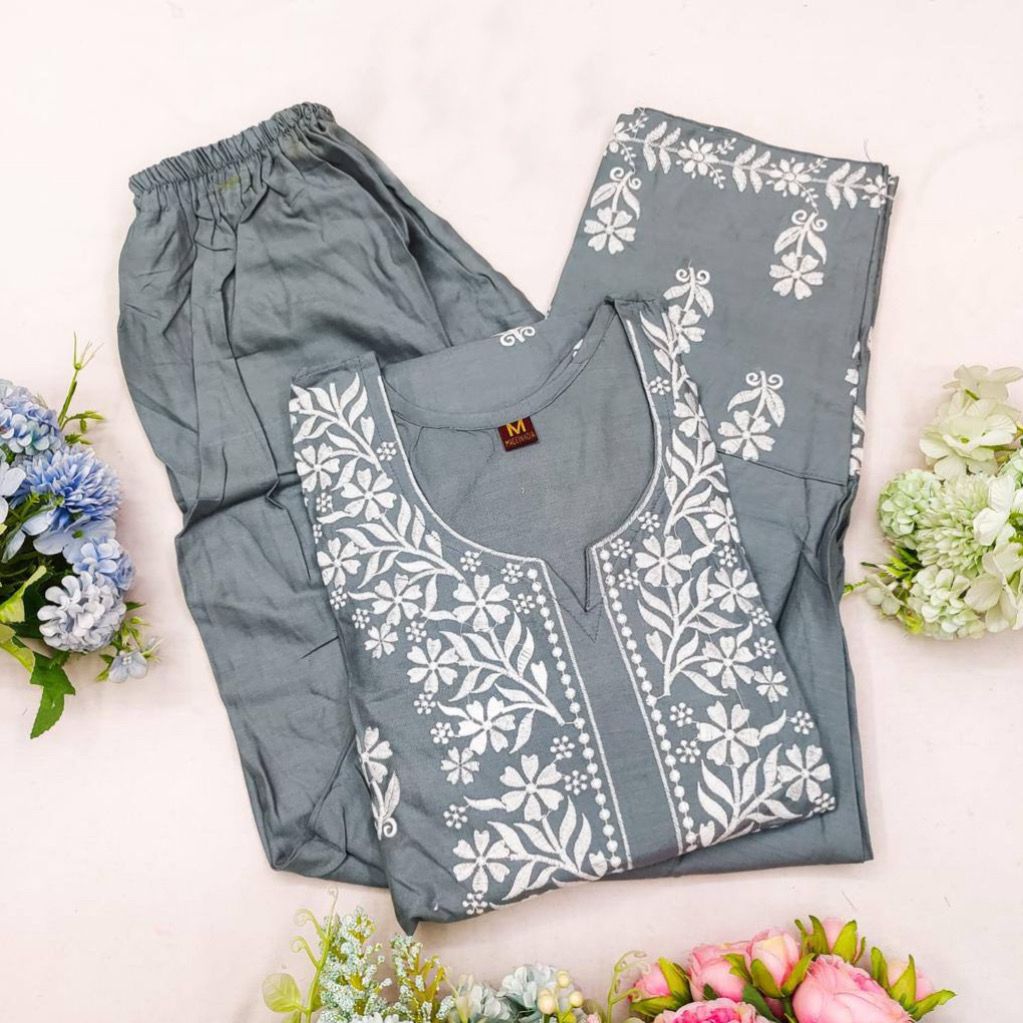 Embroidered Rayon Kurti Pant Set