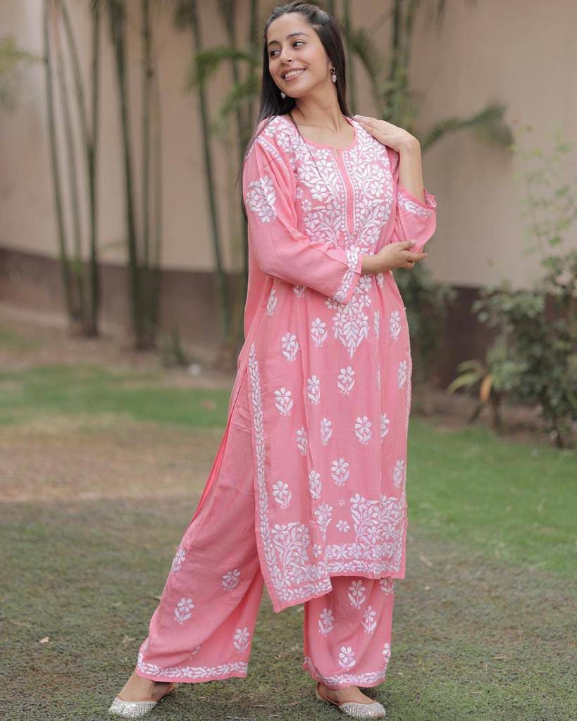 Embroidered Rayon Kurti Pant Set