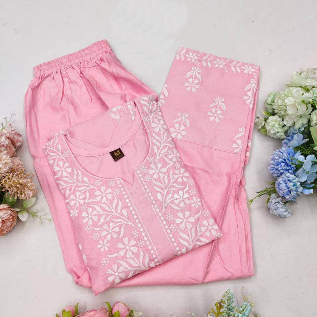 Embroidered Rayon Kurti Pant Set