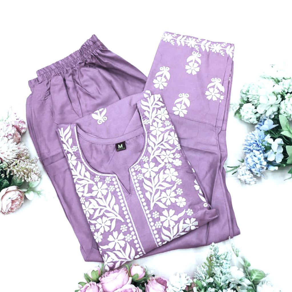 Embroidered Rayon Kurti Pant Set
