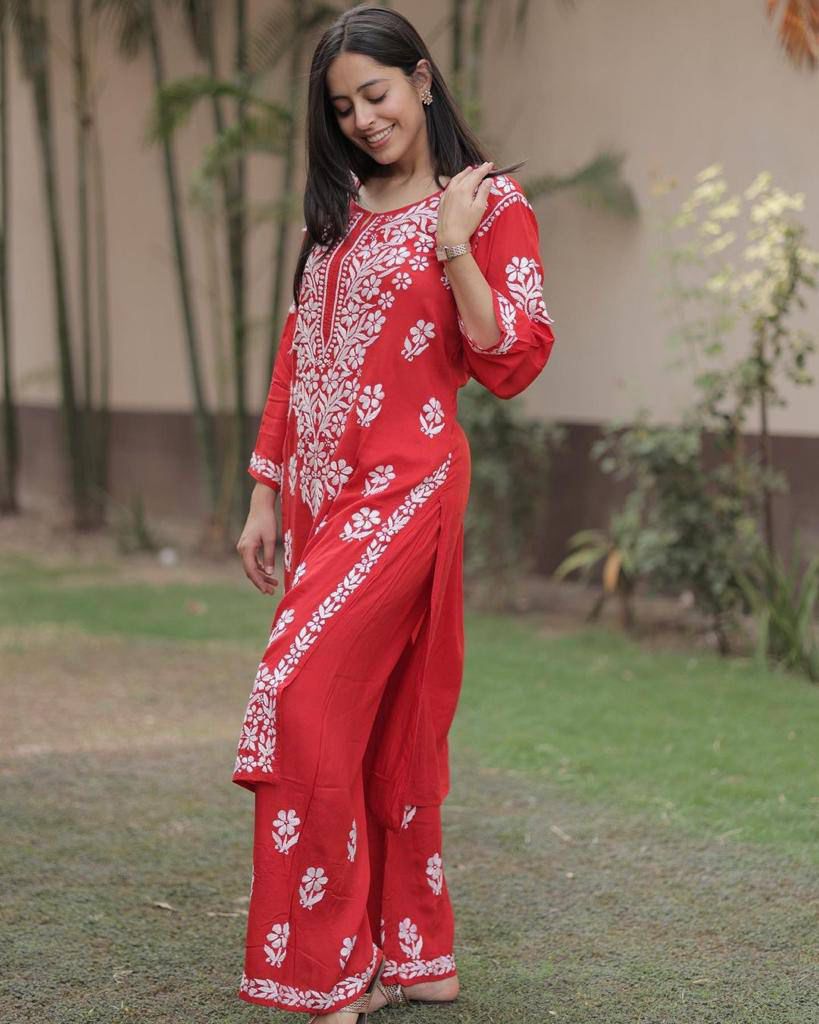 Embroidered Rayon Kurti Pant Set