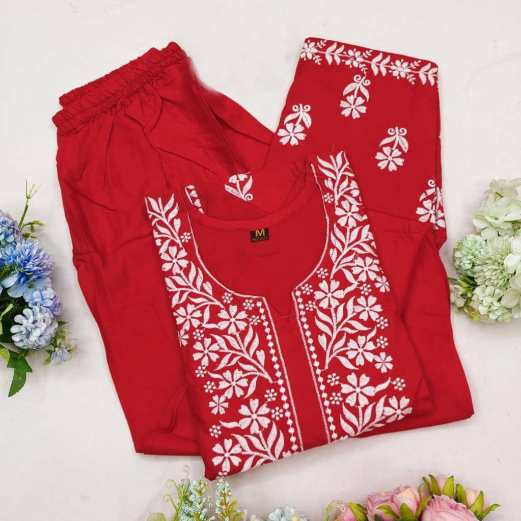 Embroidered Rayon Kurti Pant Set
