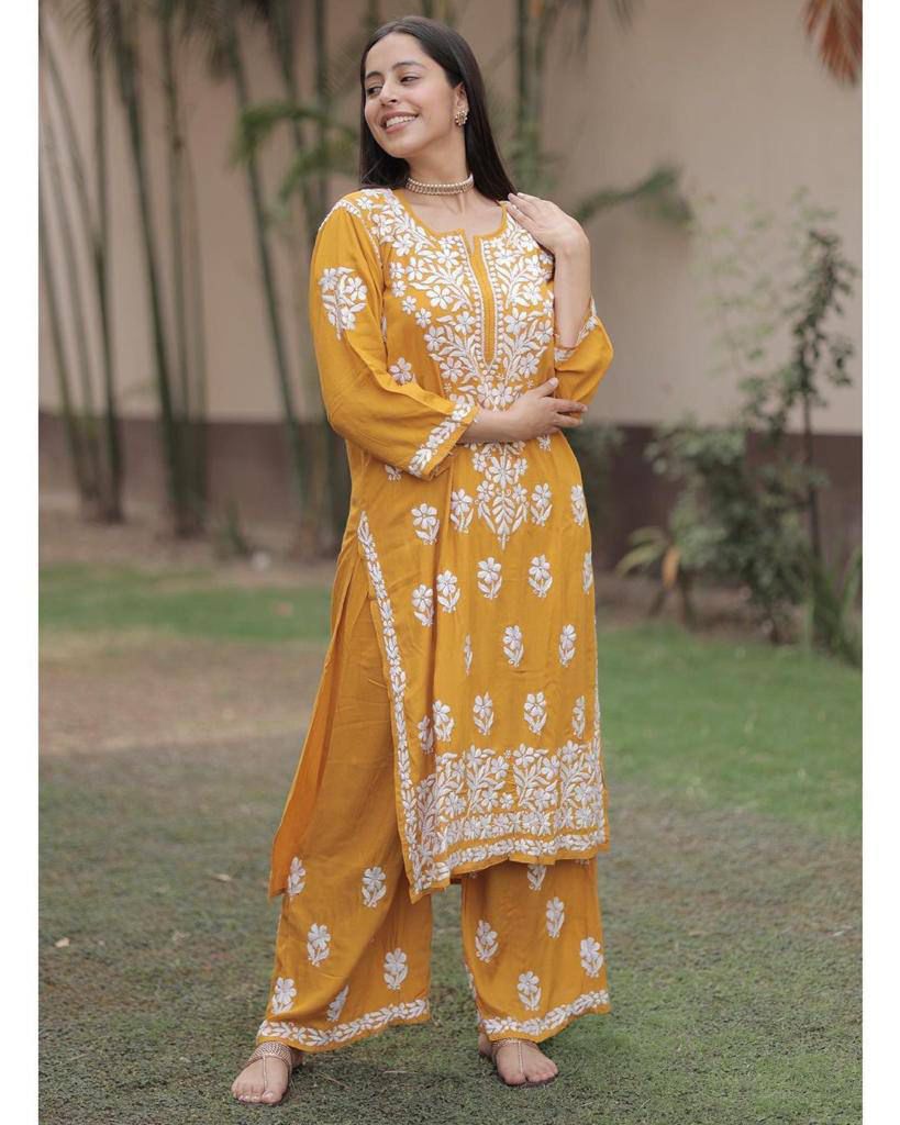 Embroidered Rayon Kurti Pant Set