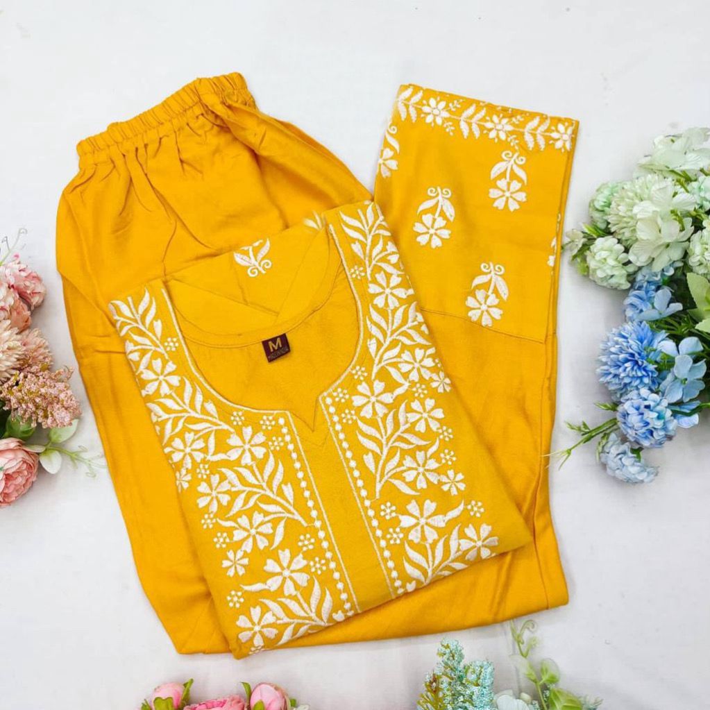 Embroidered Rayon Kurti Pant Set