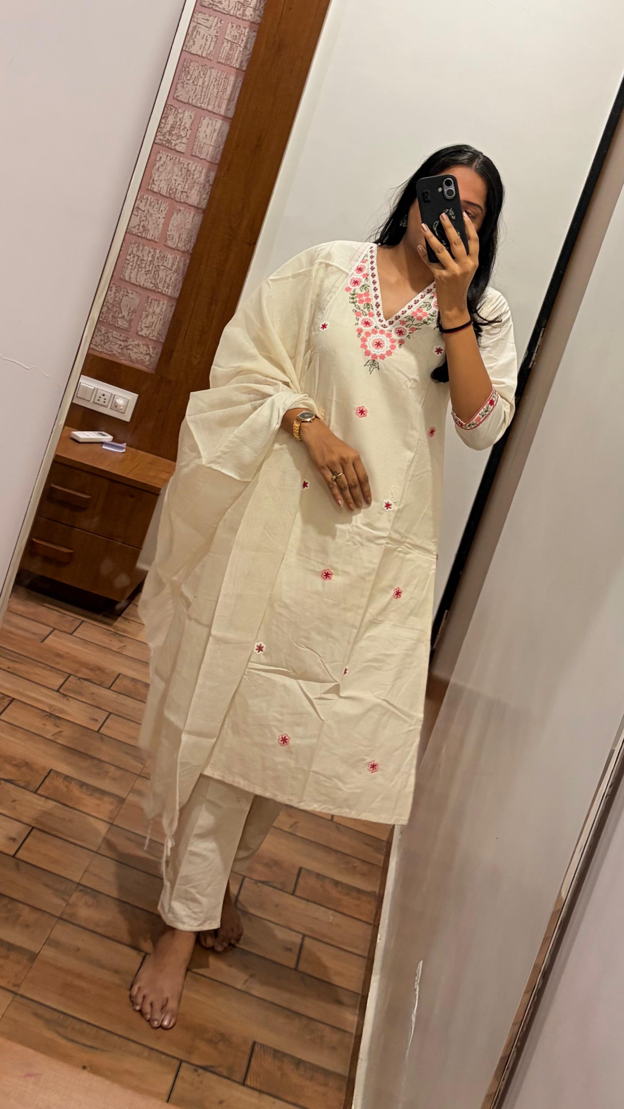 White Aura Khadi Cotton Suit Set