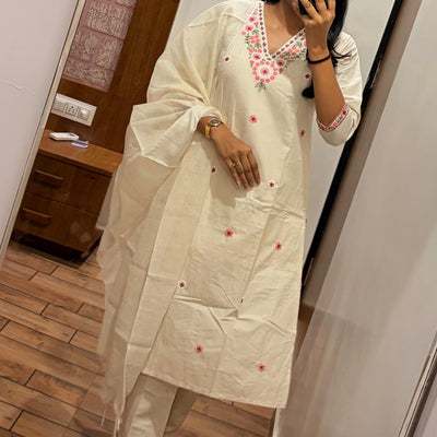 White Aura Khadi Cotton Suit Set