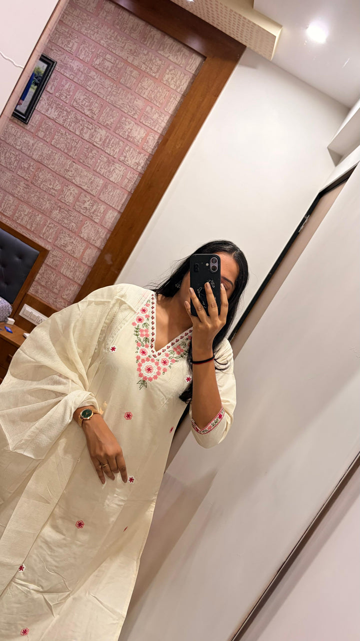 White Aura Khadi Cotton Suit Set
