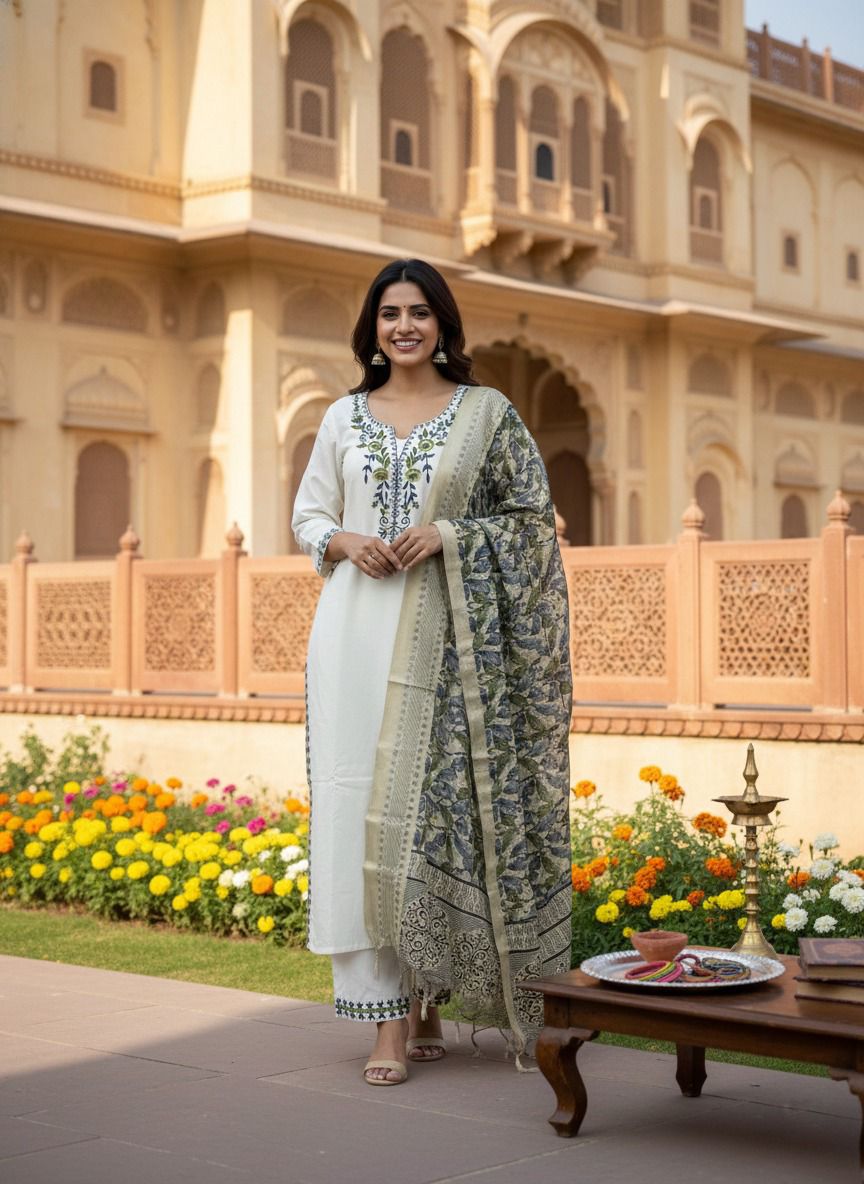 Heritage Bloom Khadi Cotton Suit Set