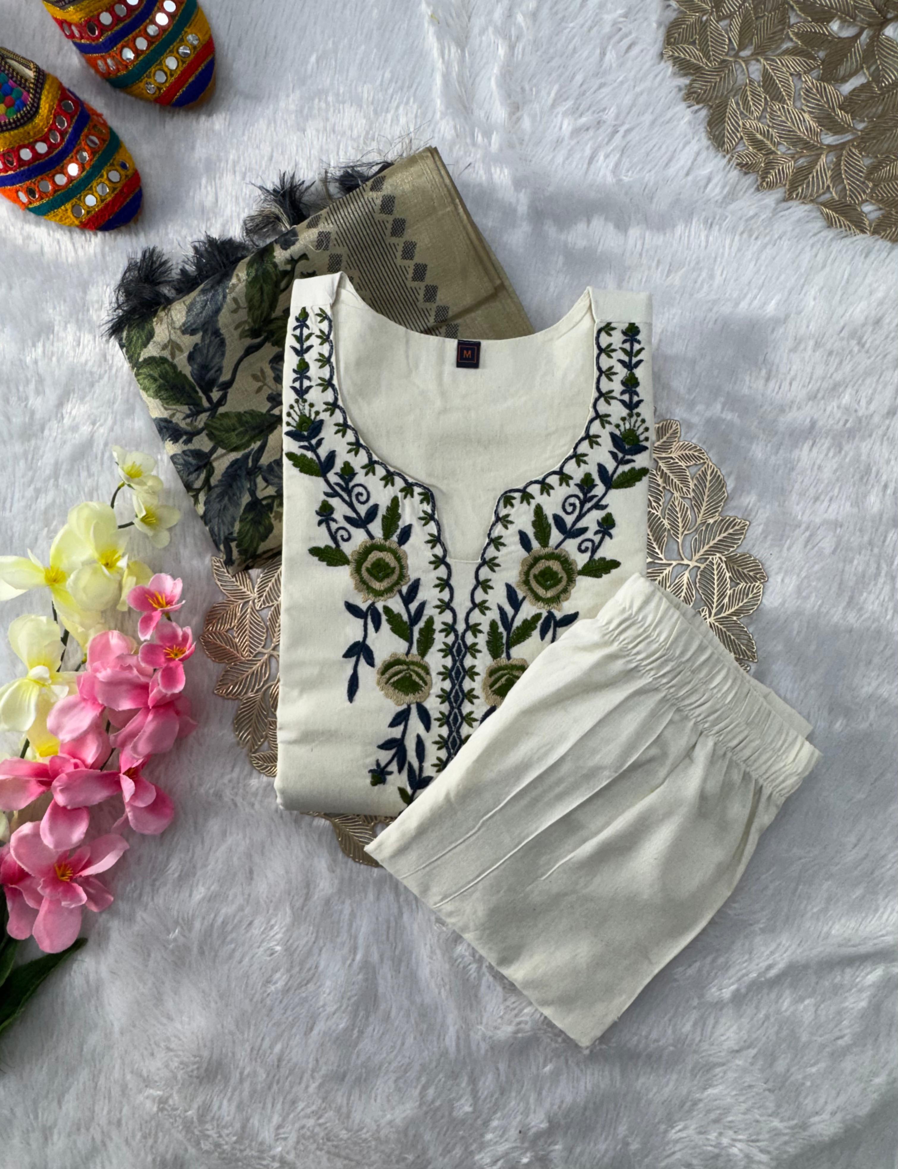 Heritage Bloom Khadi Cotton Suit Set