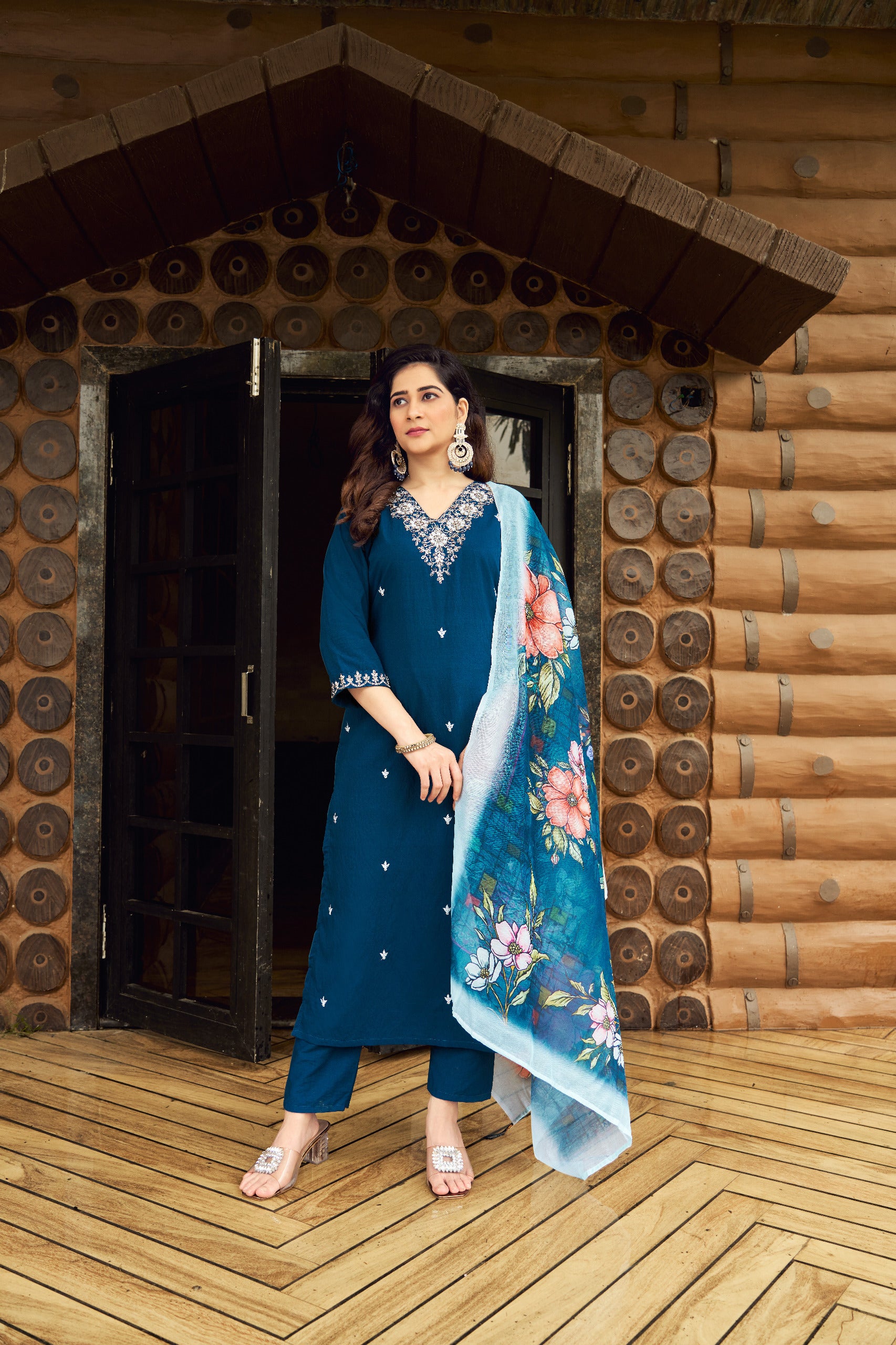 Teal Royale Roman Silk Suit Set