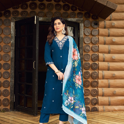 Teal Royale Roman Silk Suit Set