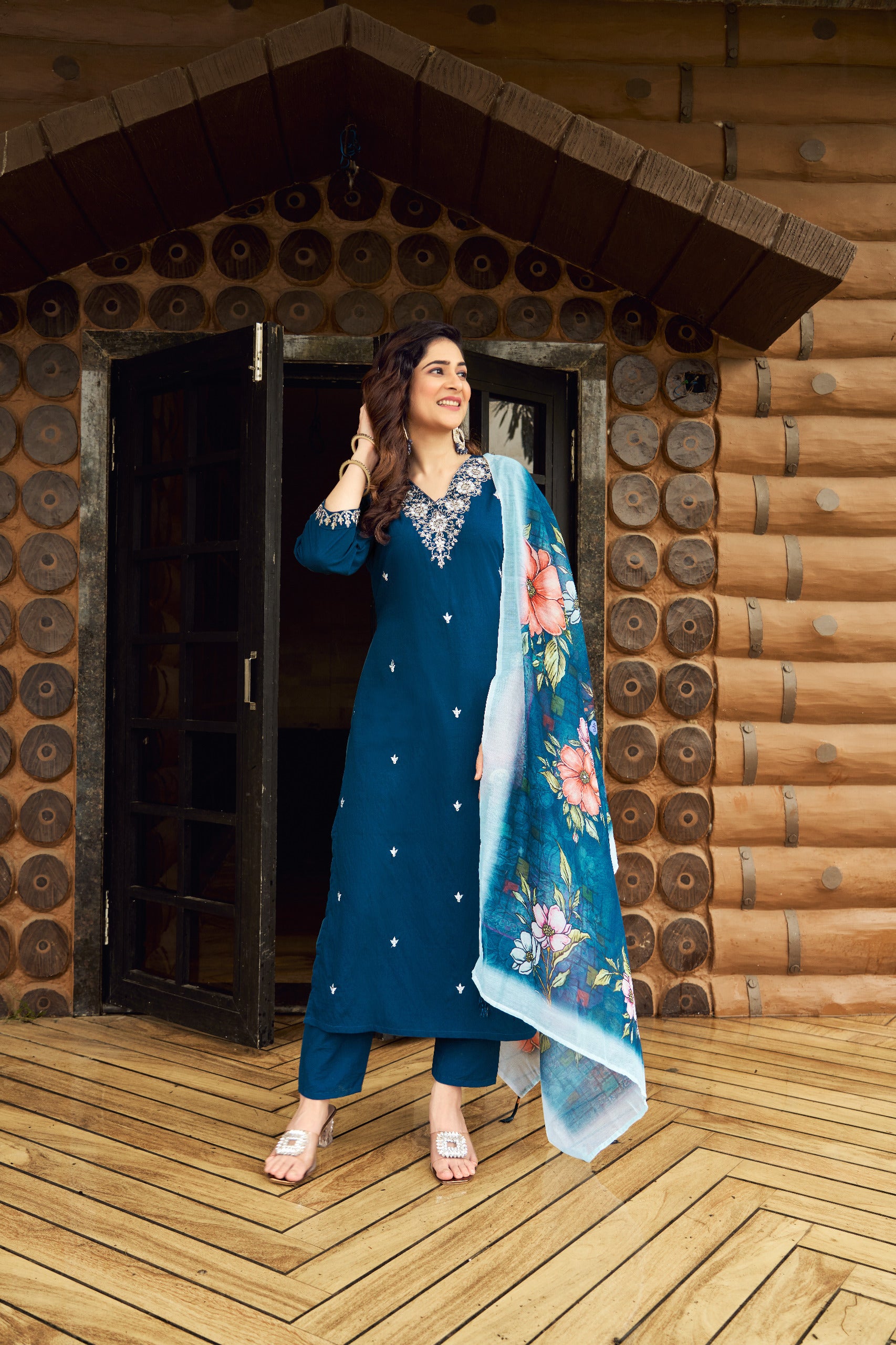 Teal Royale Roman Silk Suit Set