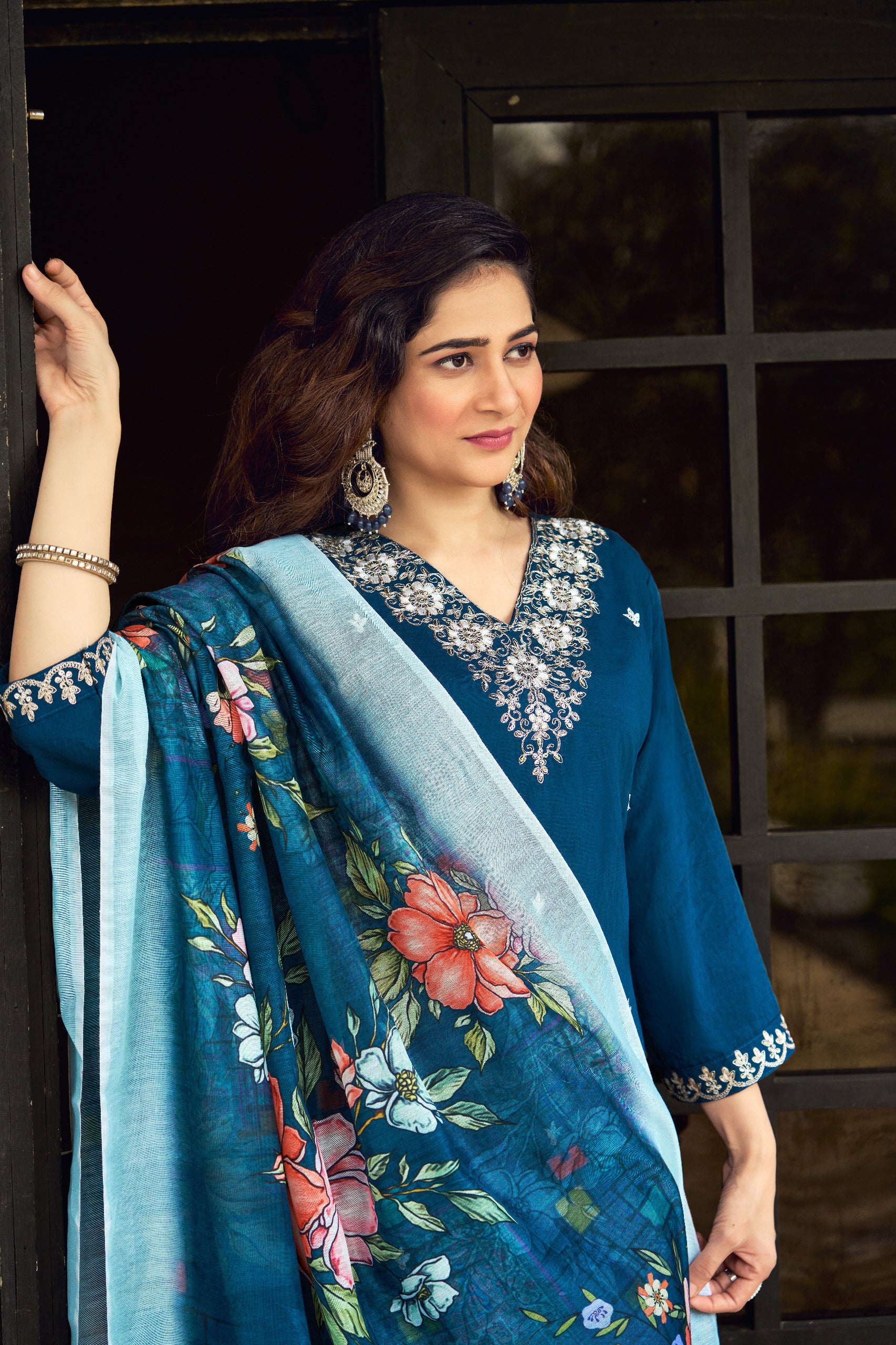 Teal Royale Roman Silk Suit Set
