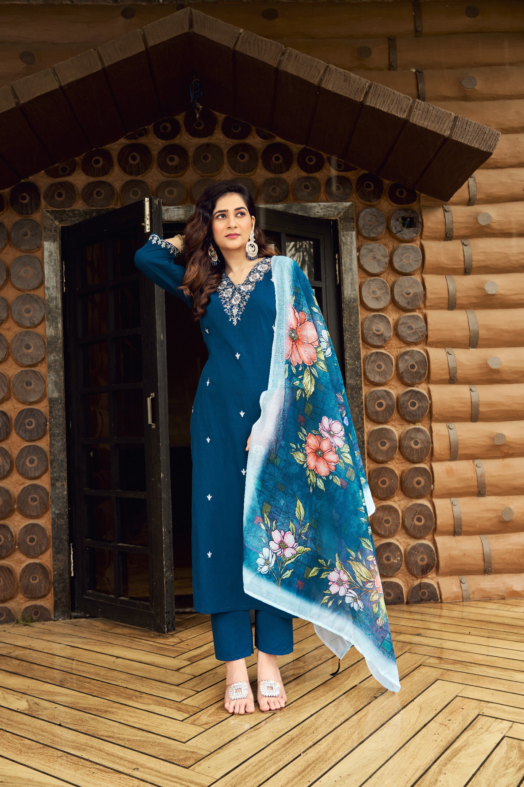 Teal Royale Roman Silk Suit Set