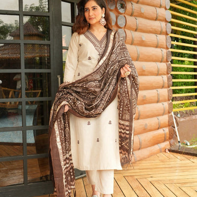 Chikoo Elegance Khadi Cotton Suit Set