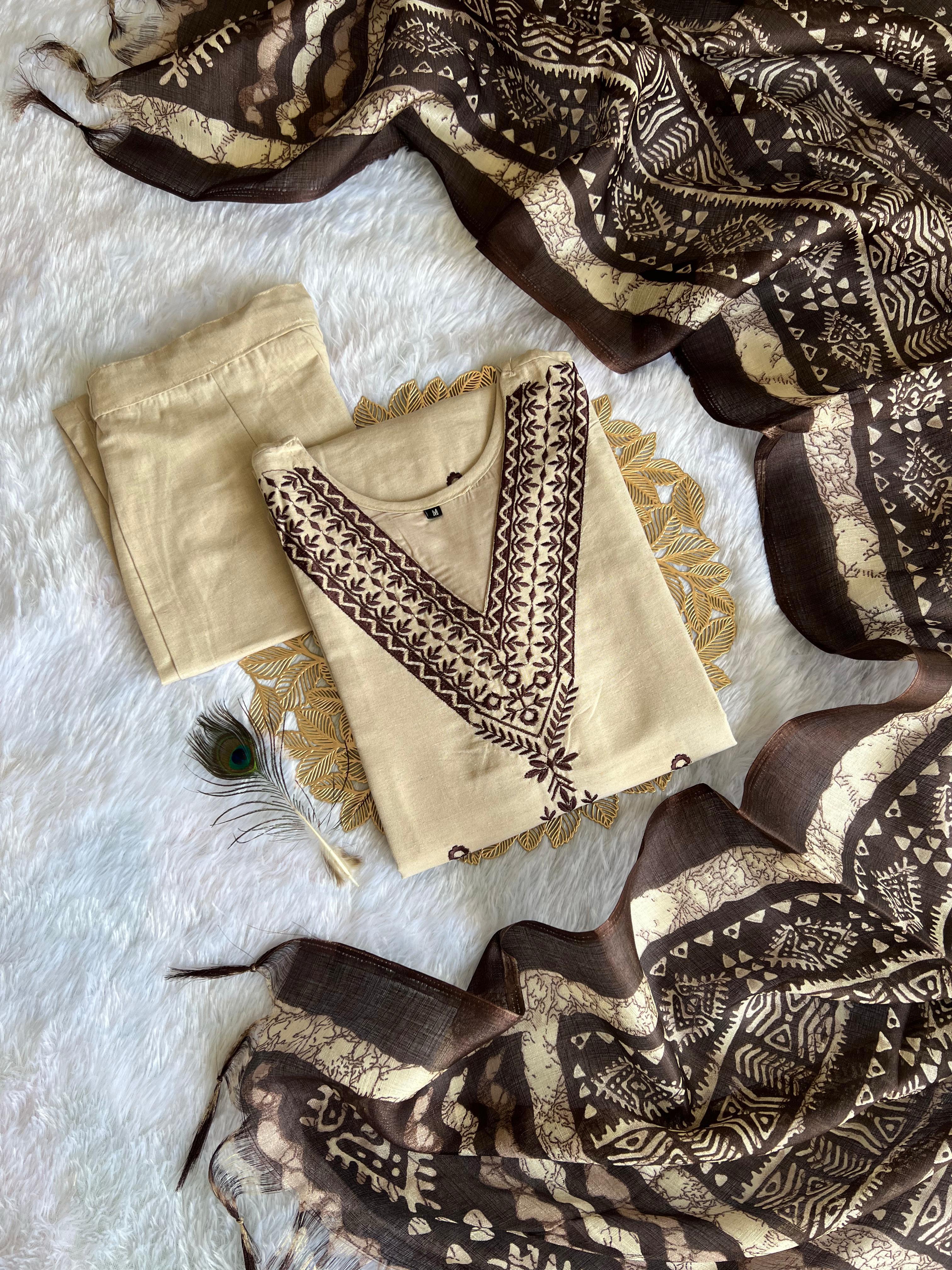 Chikoo Elegance Khadi Cotton Suit Set