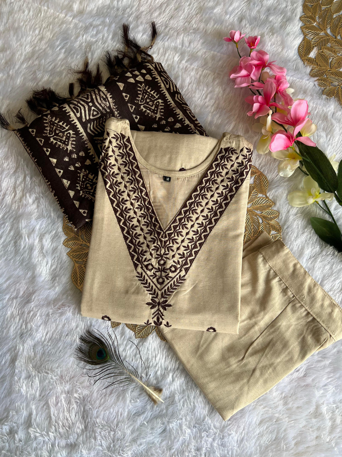Chikoo Elegance Khadi Cotton Suit Set